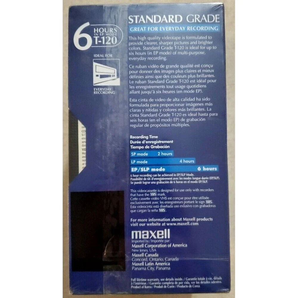 VHS T-120 Maxell Standard Grade Video Cassette Tapes 6 Hrs -5 pack- NEW in Cello